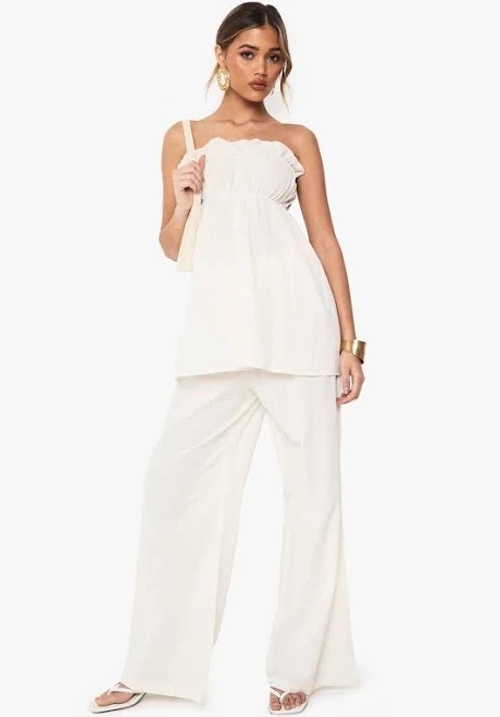 matching set boohoo Women's Linen Look Longline Bandeau & Wide Leg Trouser Co-Ord boohoo USA $33.6