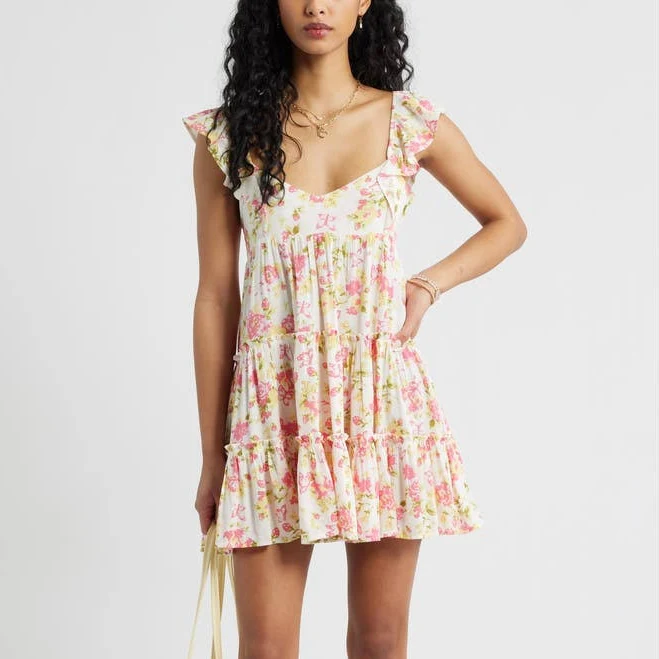 dress BP. Floral Flutter Sleeve Cotton Blend Mini Sundress in Ivory- Pink Savannah Garden at Nordstrom, Size X-Large Nordstrom $59.5
