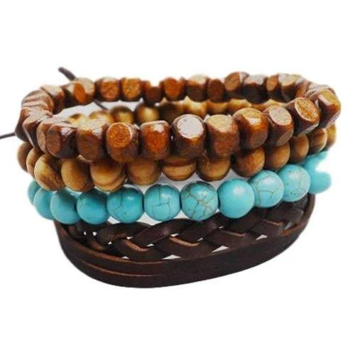 accessory Braided Leather Bracelet Set with Turquoise and Wooden Beads The Boho Hippie $12.95