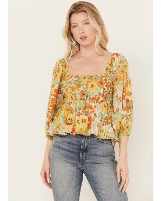 matching set By Together Women's Sunflower Print Smocked Long Sleeve Peasant Top Country Outfitter $40.97