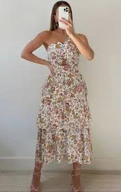 dress Caro Midi Dress - One Shoulder Tiered Dress in Multi Floral Showpo $33