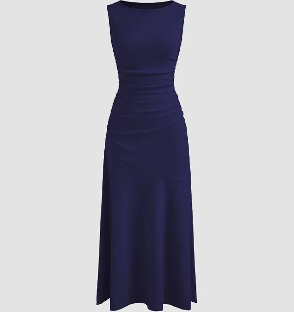 dress CIDER Women's Formal Ruched Maxi Dress Knit Fabric, Boat Neck, and Solid Ruffle for Wedding Cider $37.9