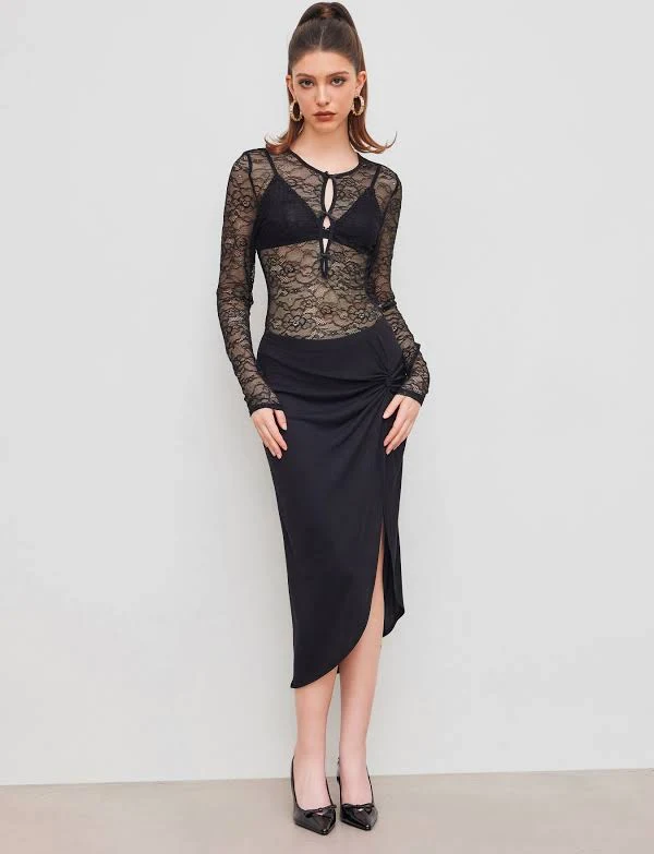 matching set CIDER Women's Lace Round Neckline Cut Out Bowknot See-Through Bodysuit & Midi Skirt Set with Ruched Mid-Rise Split Party Clubbing Cider $18.95