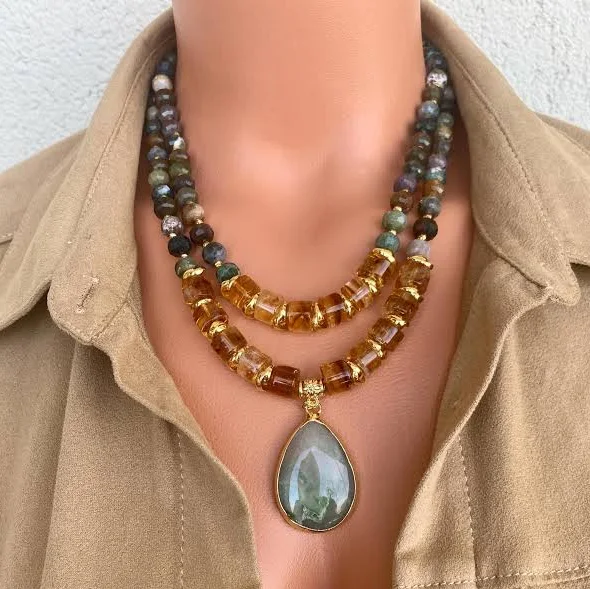 accessory Citrine Agate Layered Necklace Set Etsy - Seller $136.5