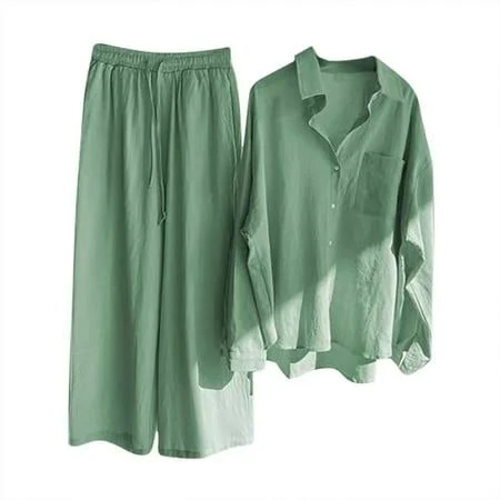 matching set Cocolona Womens Summer Two Piece Outfits Comfy Lounge Matching Linen Sets Long Sleeve Button Shirts + Wide Leg Pants Sets Walmart - cocolona $18.99