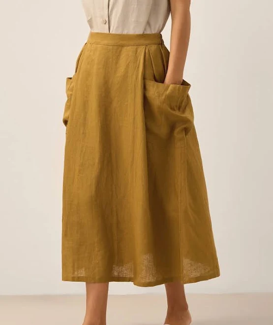 linen outfit Comfort Fit Linen A-Line Midi Skirt Linticoshop $89.9