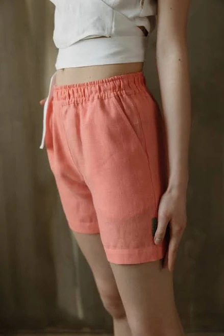 matching set Coral Linen Shorts: High Rise Summer Beach Shorts with Pockets Etsy - MyLinenSoul $91.7