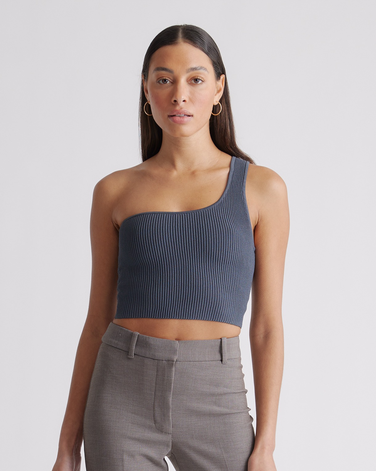 top Cropped One Shoulder Ribbed Knit Tank Quince $34.9