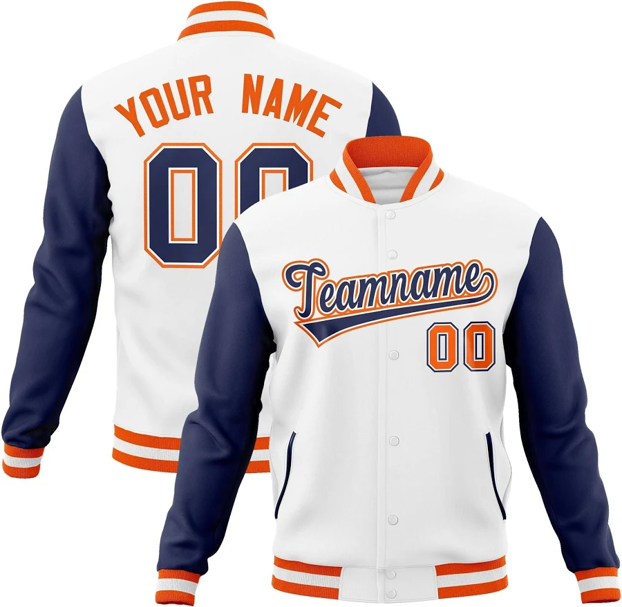 outerwear Custom White Navy-White Raglan Sleeves Varsity Full-Snap Letterman Jacket KXK $36.99