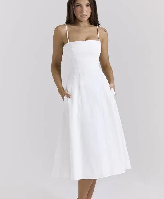dress Dolly White Stretch Cotton A-Line Midi Sundress House of CB $279