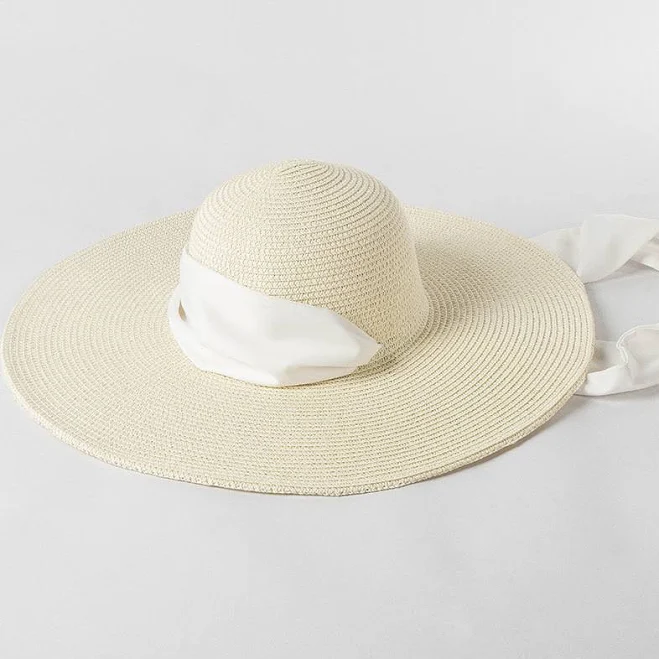 accessory Elegant Natural Woven Straw Wide Brim Sun Hat with White Ribbon Tie IUHAT $55