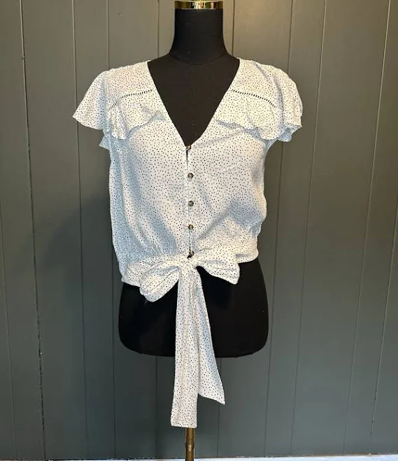 blouse Express White Black Polka Dot Blouse Cropped Tie Front Flutter Sleeve eBay $16.99