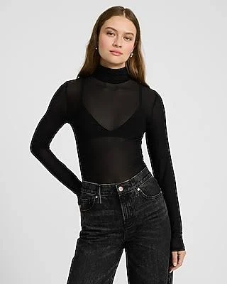 top Express Women's Fitted Mesh Mock Neck Long Sleeve Bodysuit Express $28.5