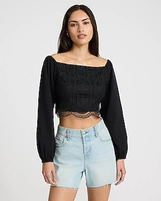 crop top Express Women's Smocked Crochet Long Sleeve Crop Top Express $24.97