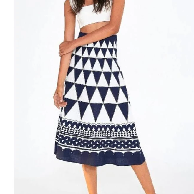 skirt Farm Rio Skirts | Farm Rio Navy White Geometric Linen Blend Midi Skirt Pyramid Print Boho Small | Color: Blue/White | Size: S | Sunnymod's Closet Poshmark $80