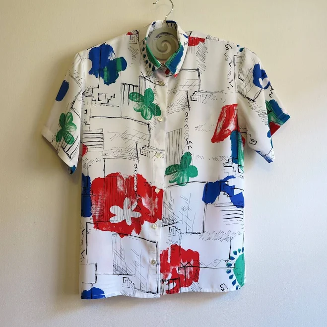 top Floral Abstract Print Short Sleeve Blouse Etsy - MyVintageFeeling $25