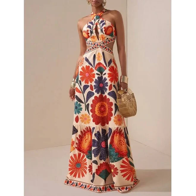 dress Floral Halter Neck Cut-Out Front Maxi Dress AliExpress $27.96