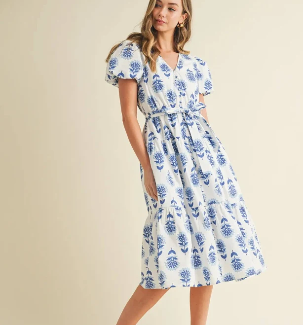 dress Floral Print Tiered Midi Dress with Puff Sleeves Leah Bailey Interiors $101