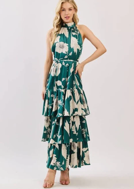 dress Floral Satin Mock Halter Neck Tiered Maxi Dress Sissy Boutique $78