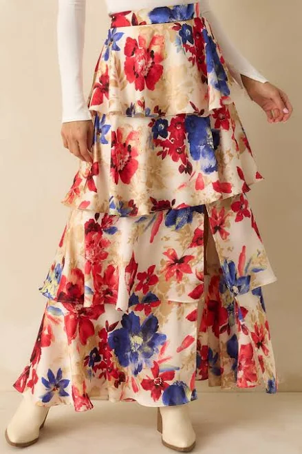 skirt Flourish and Flow Floral Print Tiered Maxi Skirt Red Dress $69