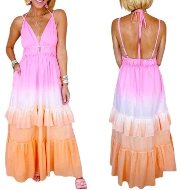 dress Fore Dress Ombre Maxi Cut Ruffle Tiered Size Large Womens Pink Orange eBay - nidiarand_0 $18
