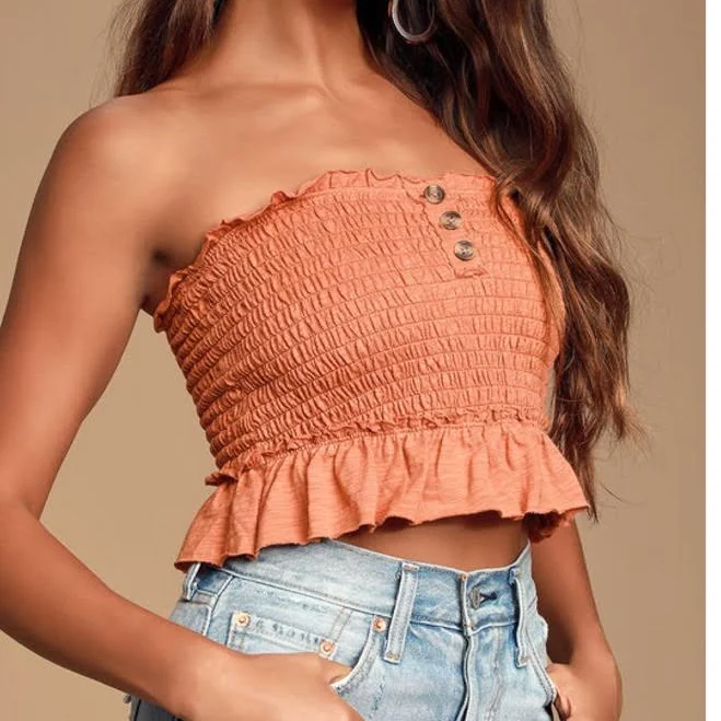 top Free People Tops | Free People Babe Rust Orange Smocked Tube Top With Ruffle Hem | Color: Orange | Size: S | Kaylakakes23's Closet Poshmark $33