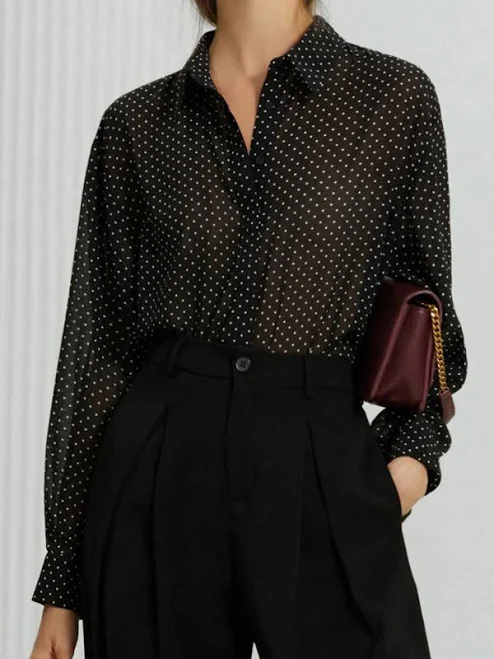 blouse GENKIRA Classic Black & White Polka Dot Chiffon Sheer Collared Long Sleeve Shirt For Women Shein $16.29