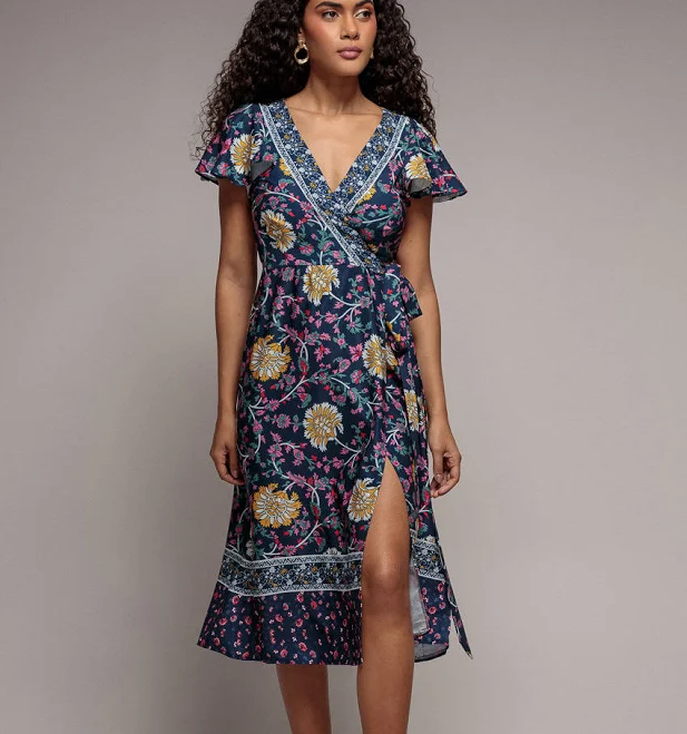 dress Goddiva Floral Print Wrap Midi with Flutter Sleeves Goddiva US $104