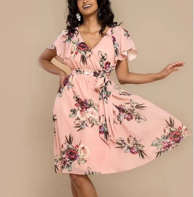 dress Goddiva Sustainable Floral Print Midi Wrap Dress With Flutter Sleeves - Peach Peach / 12 Goddiva US $110