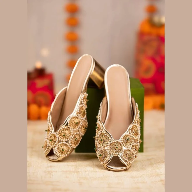 shoes Gold Bead Embellished Faux Leather Mules KALKI $143