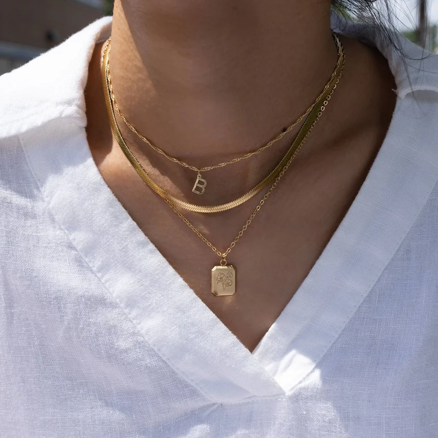 accessory Gold Layering Necklace Set by Babeina, Stacking Necklace 3Pcs, Multi Strand Necklace, Multi Layer Necklace, Birth flower,Initial,Herringbone Etsy - BABEINA $51.75