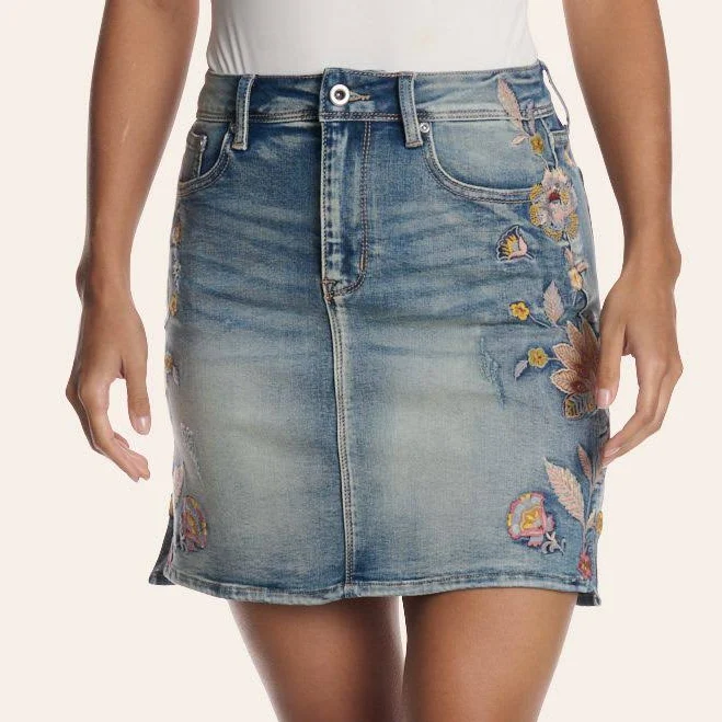 mini skirt Grace in La Women's Floral Embroidered Denim Skirt Cavender's Boot City Western Store $68