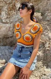 crop top Granny Square Crochet Crop Top, Orange Handmade Bustier, Crochet Festival Outfit, Women Beachwear Etsy $71.25