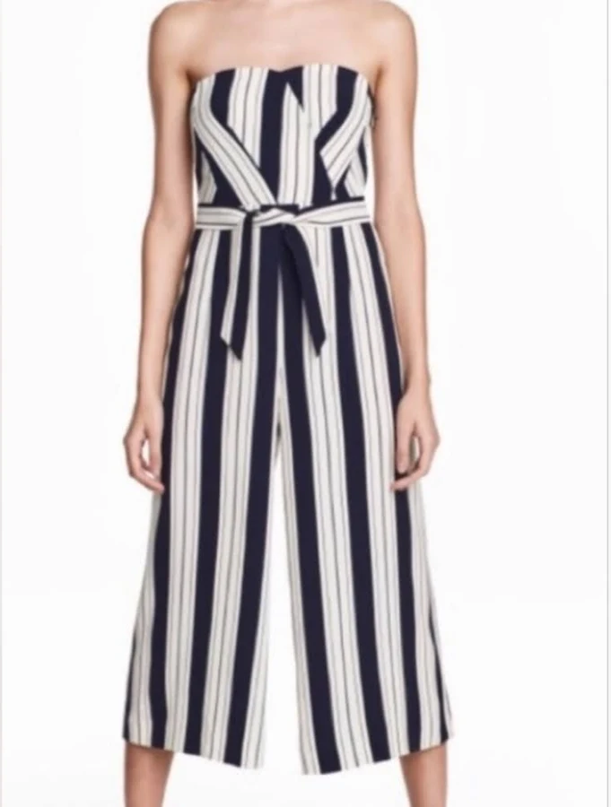 jumpsuit H&M Pants & Jumpsuits | H&M Navy And White Striped Strapless Cropped Wide-Leg Jumpsuit Size 12 | Color: Blue/White | Size: 12 | Allisongille665's Poshmark $25