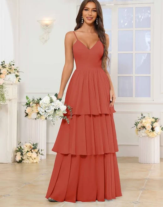 dress Hadassah Romantic A-Line V-Neck Tiered Pleated Chiffon Bridesmaid Dress Pomuyoo $89