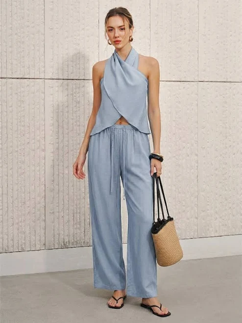 matching set Halter Neck Top & Wide Leg Pants Set Commense $45