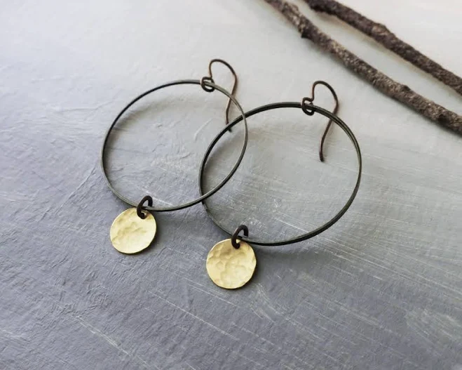 accessory Hammered Raw Brass Disc Earrings with Niobium Wires Etsy - Seller $36