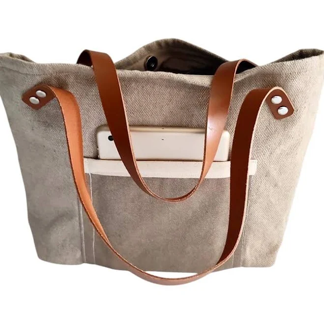 bag Handmade Canvas Tote Bag with Fabric & Leather Straps Etsy - Seller $69.58