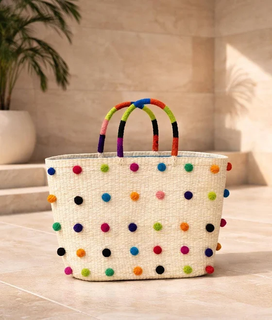bag Handwoven Paja Toquilla Straw Market Bag with Pom Poms Etsy - Seller $200