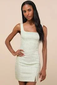 dress Happy Chance Sage Green Gingham Square Neck Mini Dress lulus.com $49
