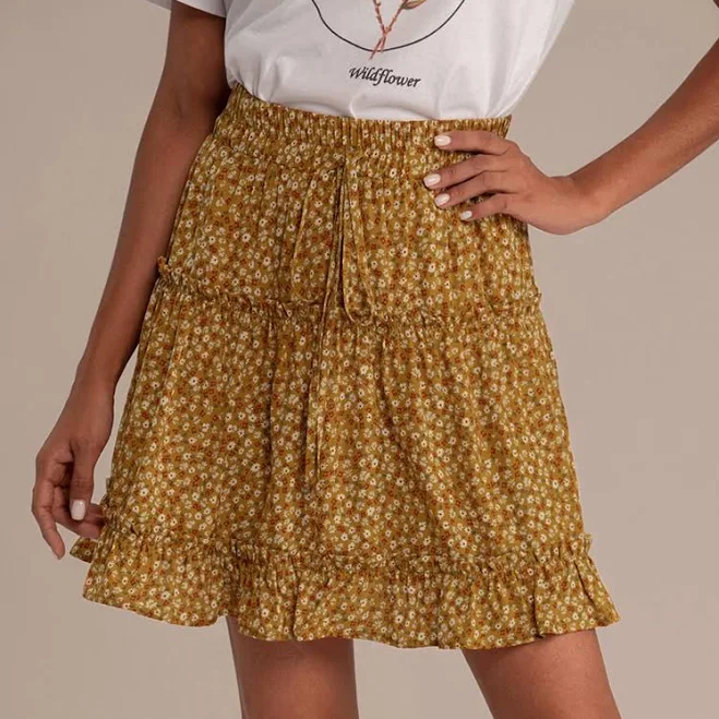 mini skirt Honey Floral Elastic Waist Boho Tiered Mini Skirt Petal Lush $20