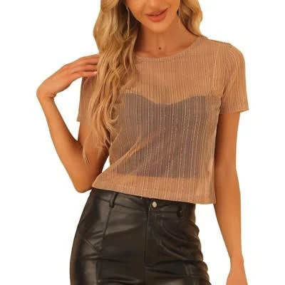 top Inspire Chic Women's Mesh Semi Sheer Short Sleeve Metallic Shiny Cropped Top Target $18.99