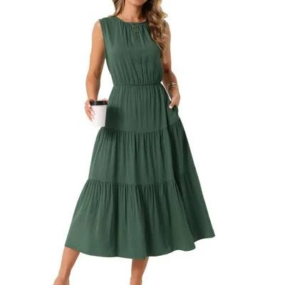 dress Inspire Chic Women's Sleeveless Crewneck Tiered Flowy Midi Sundress with Pocket Target $39.99