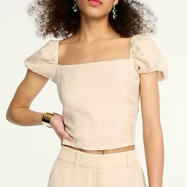 top J. Crew Tops | J.Crew Linen Blend Crop Top Cream Puff Sleeve Square Neck Romantic | Color: Cream | Size: L | Littlerosefinds's Closet Poshmark $36