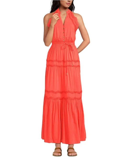 dress Lands' End Women's Cotton Voile Halter Tiered Maxi Dress Macy's $83.27