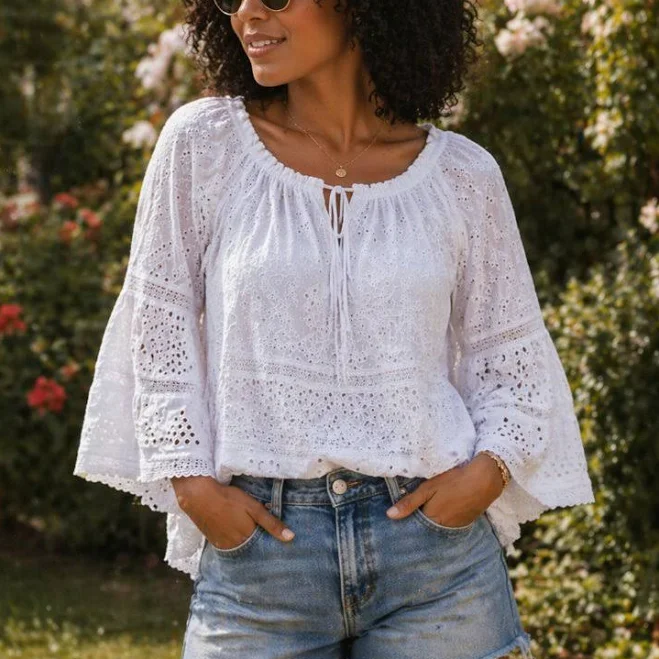 top Lauren Ralph Lauren Tops | Lauren Ralph Lauren White Eyelet Peasant Blouse | Color: White | Size: S | Gatti527's Closet Poshmark $70