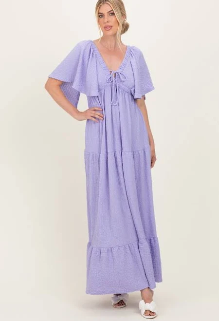 dress Lavender Woven Textured Flutter Sleeve V-Neck Tiered Maxi Dress PinkBlush Maternity $71