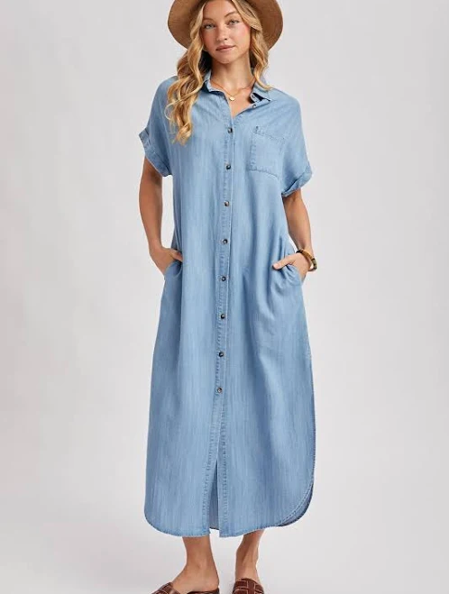 dress Light Blue Chambray Button Down Shirt Dress PinkBlush Maternity $60