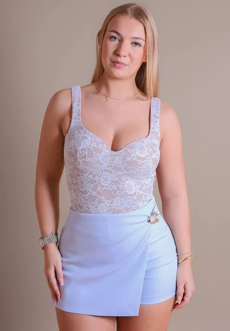 bodysuit Light Blue Floral Lace Bodysuit with Nude Lining - Sculpting Sweetheart Neckline, L missmodaluxe $41