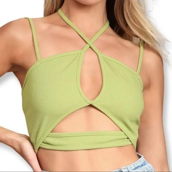top Lulus Lime Green Ribbed Halter Crop Top Crisscross Cutout Women’s Xl eBay - blissboutique333 $13.45